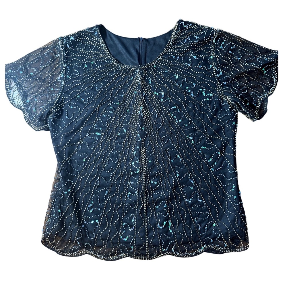 Unbranded Beaded Sequin Blouse Women M Black Gold Mesh Art Deco‎ Vintage Style